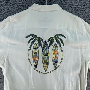 Tommy Bahama Silk Embroidered Shirt XL Triple Surfboards Palm Trees Island Life